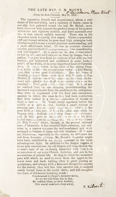 The obituary of the late Rev. C.M. Mount 1855