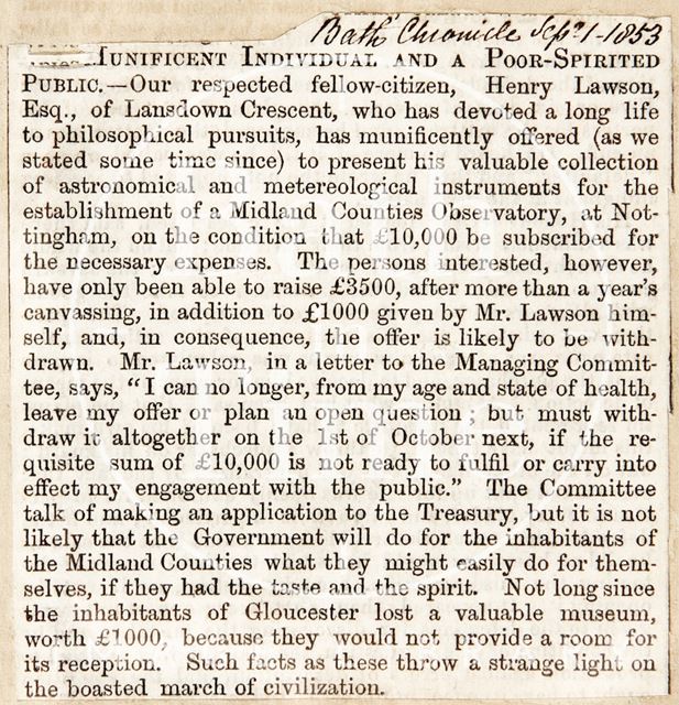 A donation from Henry Lawson to Midland Counties Observatory, Nottingham, Nottinghamshire 1853