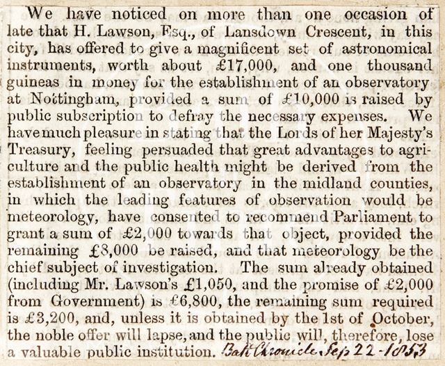 Funds for the Midland Counties Observatory, Nottingham, Nottinghamshire 1853