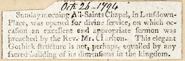 The opening of the All Saints' Chapel, Lansdown Place, Bath 1794