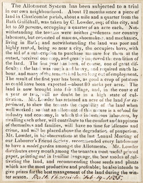 A successful allotment system in Charlcombe parish 1835