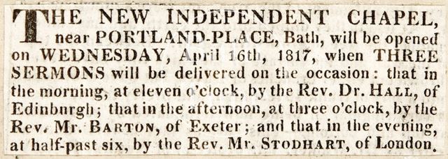 The opening of the new independent chapel, Portland Place, Bath 1817