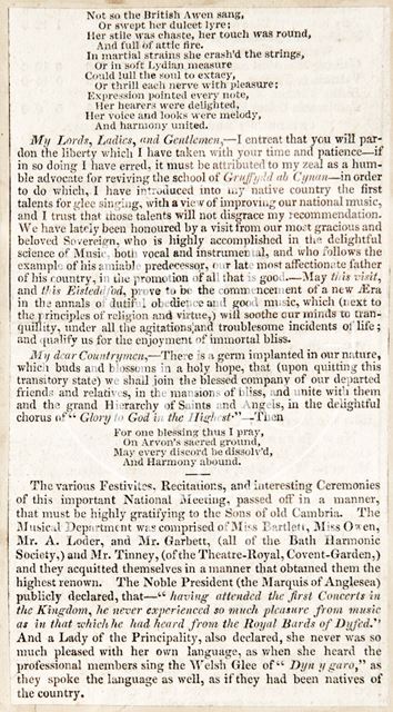 Copy of the address on Welsh Music by Rev. J. Bowen 1821