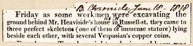 The discovery of three skeletons and copper coins, Russel Street, Bath, 1818