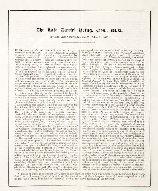 Daniel Pring's obituary 1859