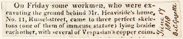 The discovery of three skeletons and copper coins, Russell Street, Bath 1818