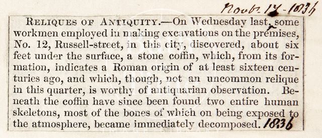 The discovery of three skeletons and copper coins, Russell Street, Bath 1836