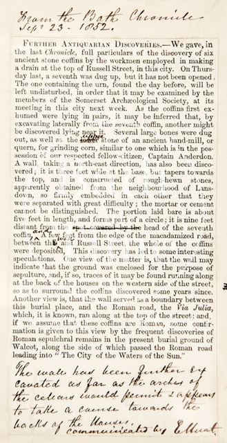 The discovery of ancient coffins, Bath 1852