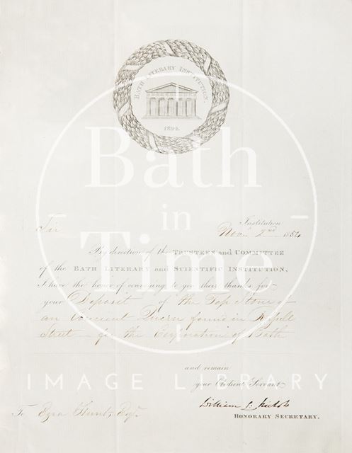 Receipt from the Bath Literary Institution to Ezra Hunt for the donation of an ancient quern 1854