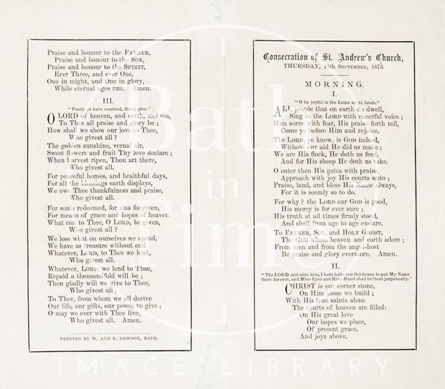 Hymn sheet from the consecration of St. Andrew's Church, Julian Road, Bath 1873