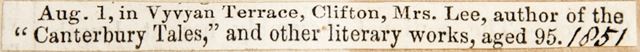 Mrs. Lee of Vyvyan Terrace, Clifton, Bristol 1851