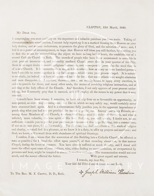 A letter concerning the proposed catholic church, Clifton, Bristol 1849