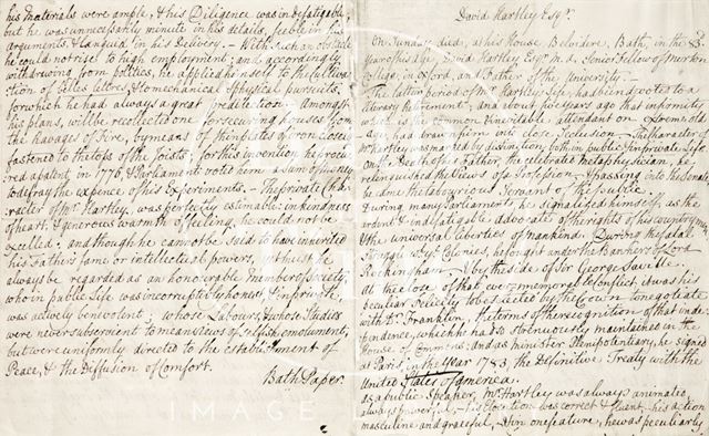 A handwritten note concerning the death of David Hartley 1813