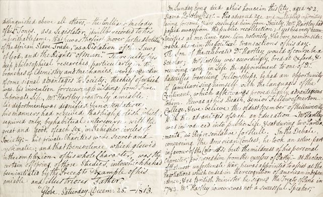 A handwritten note concerning the death of David Hartley 1813 - verso