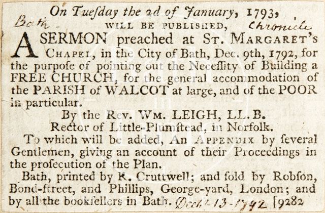 The planning of the Walcot Free Church, Bath 1792