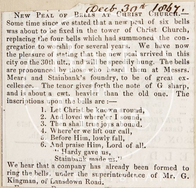 New bells in the tower at Christ Church, Bath 1867