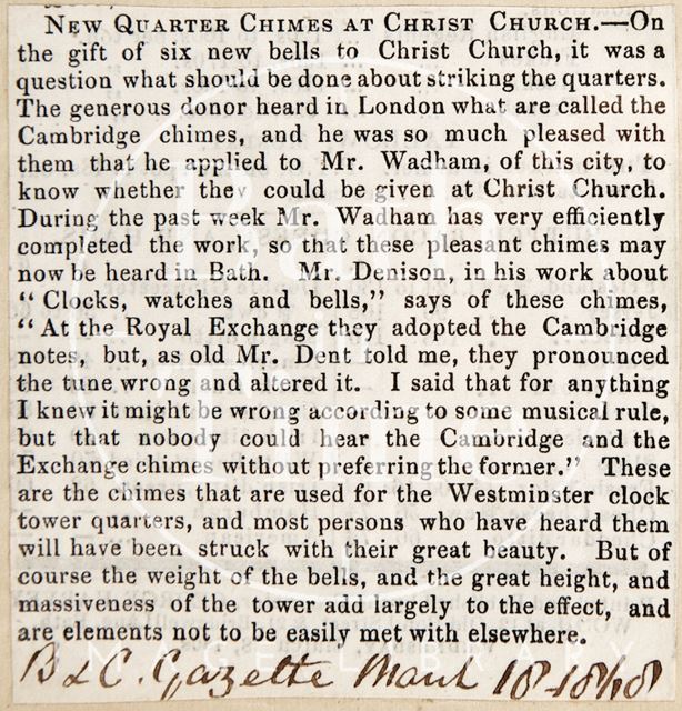 New bells in the tower at Christ Church, Bath 1868