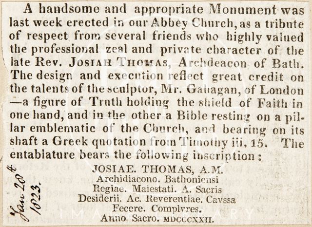 A monument erected in the Abbey in memory of Josiah Thomas 1823