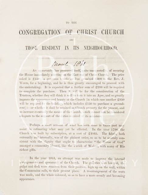 Pamphlet announcing a house for sale in Christ Church, Bath 1861