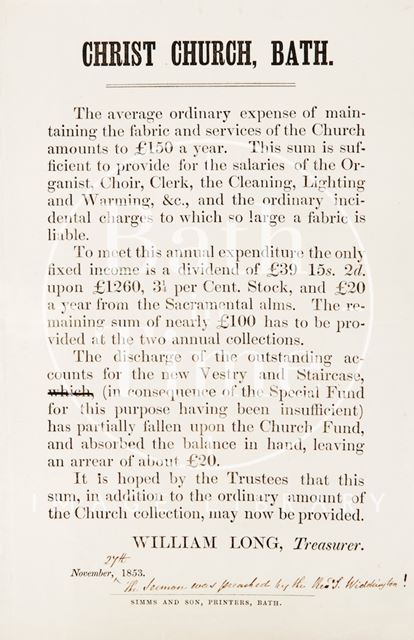 Pamphlet asking for subscriptions for new church fabrics, Christ Church, Bath 1823