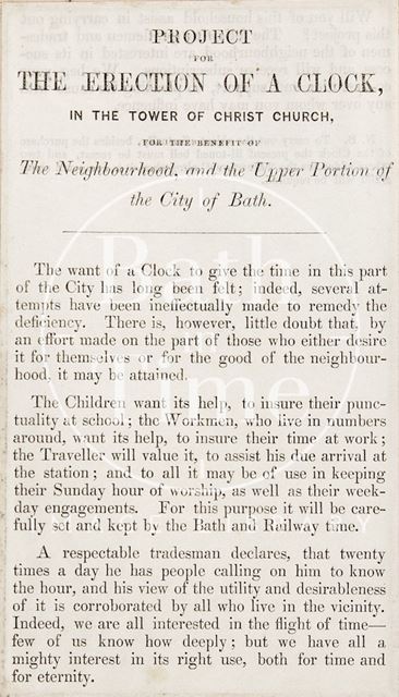 Pamphlet concerning the erection of a clock in Christ Church, Bath c.1848