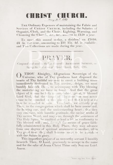 Poster showing the order of service for Christ Church, Walcot, Bath 1857