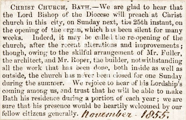 The special service at Christ Church celebrating the reopening of the organs, Bath 1855