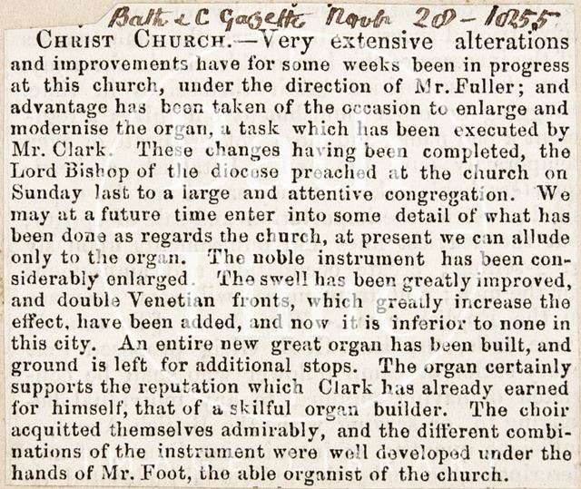 The special service at Christ Church celebrating the reopening of the organs, Bath 1855