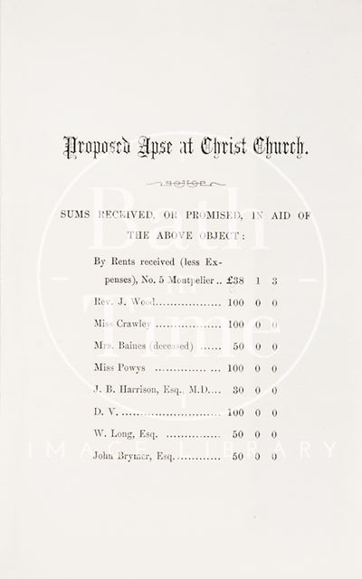 List of sums received for proposed new apse at Christ Church, Bath 1866