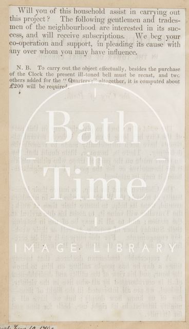 Pamphlet concerning the erection of a clock in Christ Church, Bath c.1848 - verso