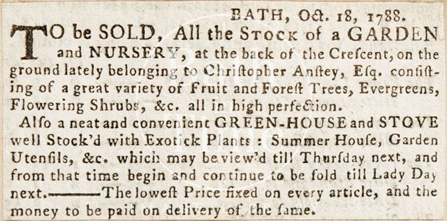 The sale of a garden and nursery at the back of Royal Crescent, Bath 1788