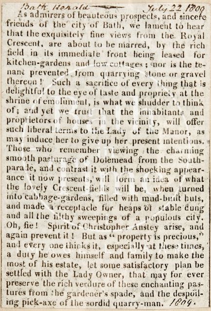 The views from Royal Crescent are to be ruined by the lease of the land for kitchen gardens and low cottages 1809