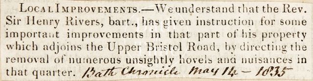 The Rev. Henry Rivers is directing the removal of several hovels which adjoin the Upper Bristol Road, Bath 1845