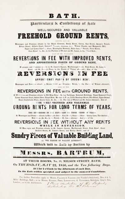 Poster advertising sale of freehold ground rents including Royal Crescent, The Circus and St. James's Parade, Bath 1856