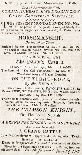 Advertisement for a new Equestrian Circus, Bath 1813