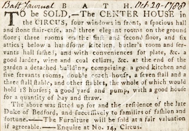 The sale of the centre house in the Circus, Bath 1788