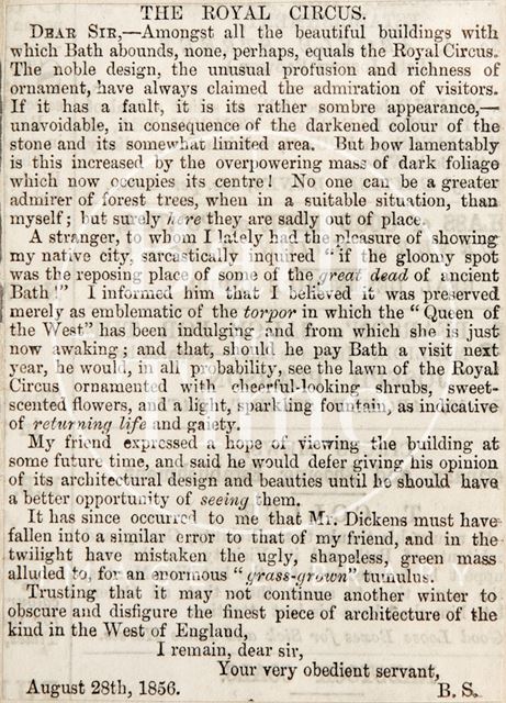 A letter celebrating the beauty of the Royal Circus, Bath 1856