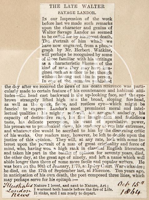 An obituary of the late Walter Savage Landor 1864