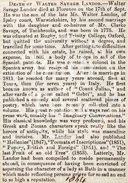 An obituary of the late Walter Savage Landor 1864