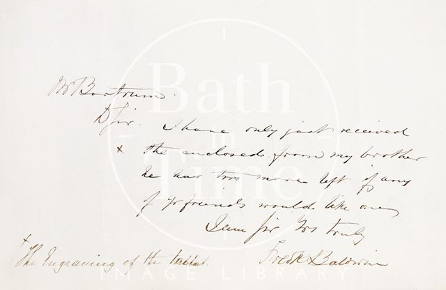 A handwritten note from J.S. Bartrum to E. Hunt concerning an enclosed engraving of the tablet in St. Michael's Church, Bath c.1852