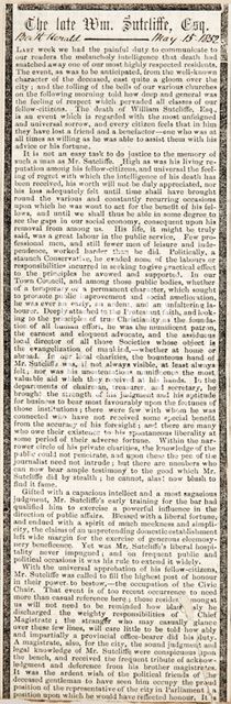 The Obituary of William Sutcliffe 1852