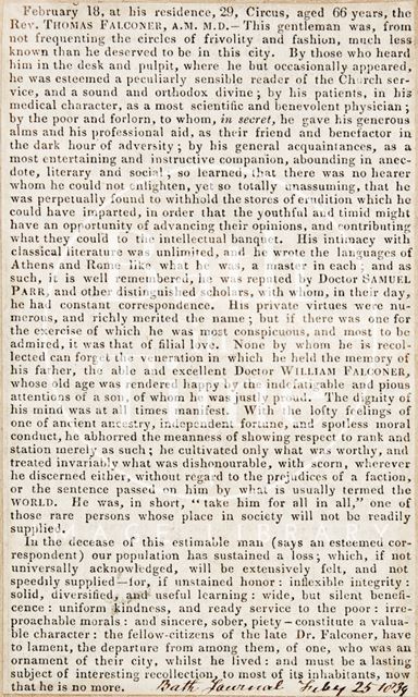 An obituary of William Falconer 1839