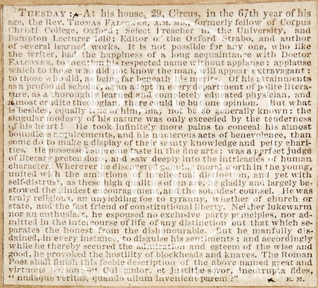 An obituary of William Falconer 1834