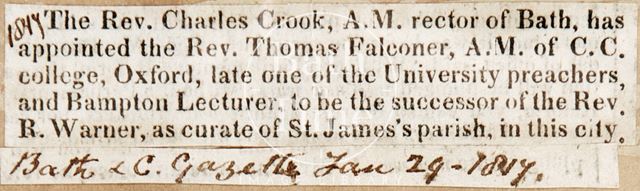 Rev. James Cook is announcing Thomas Falconer is to be the new Curate of St. James's Parish, Bath 1817