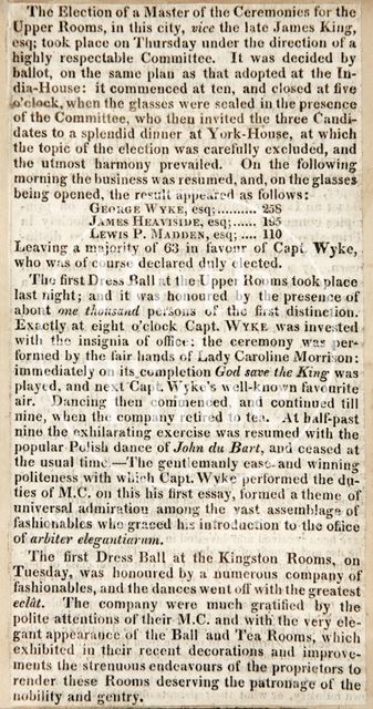 The election of Master of Ceremonies for the Upper Rooms, Bath 1816