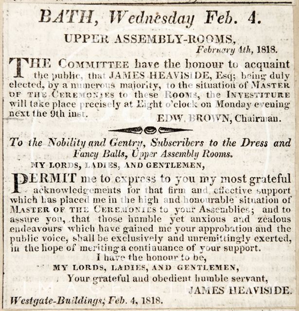 Announcing James Heaviside has been elected as Master of Ceremonies, Bath 1818