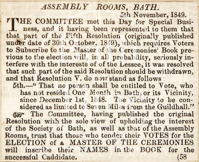 An election for the Master Ceremonies, Bath 1849