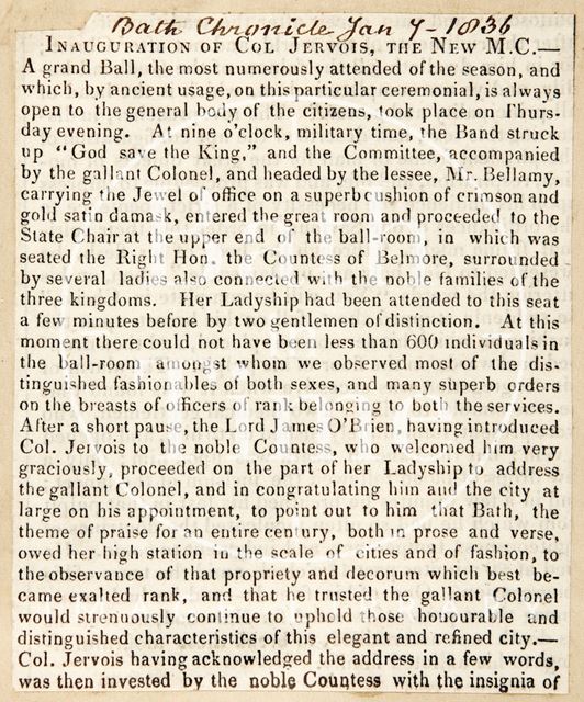 Mr. Jervious becoming the new Master of Ceremonies at the Upper Assembly Rooms, Bath 1836