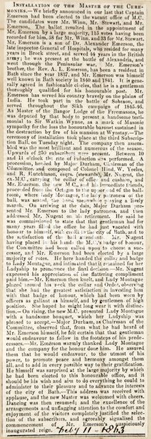 The installation of Captain Emerson as Master of Ceremonies at the Upper Assembly Rooms, Bath 1863