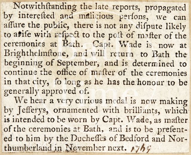 The return of Master Wade as the Master of Ceremonies, Bath 1769